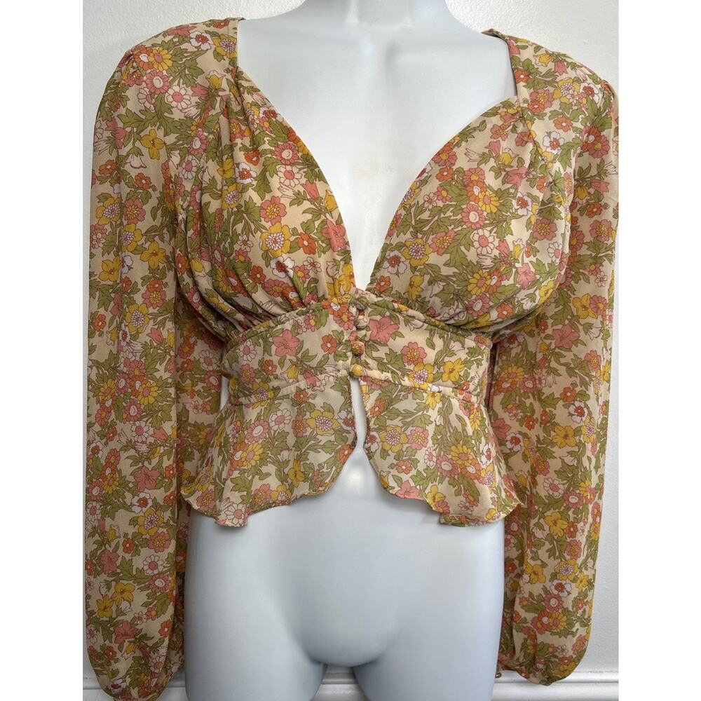 Babydoll Top Blouse M Floral L/S Milkmaid Boho Dainty Crop Smocked 70’s Look
